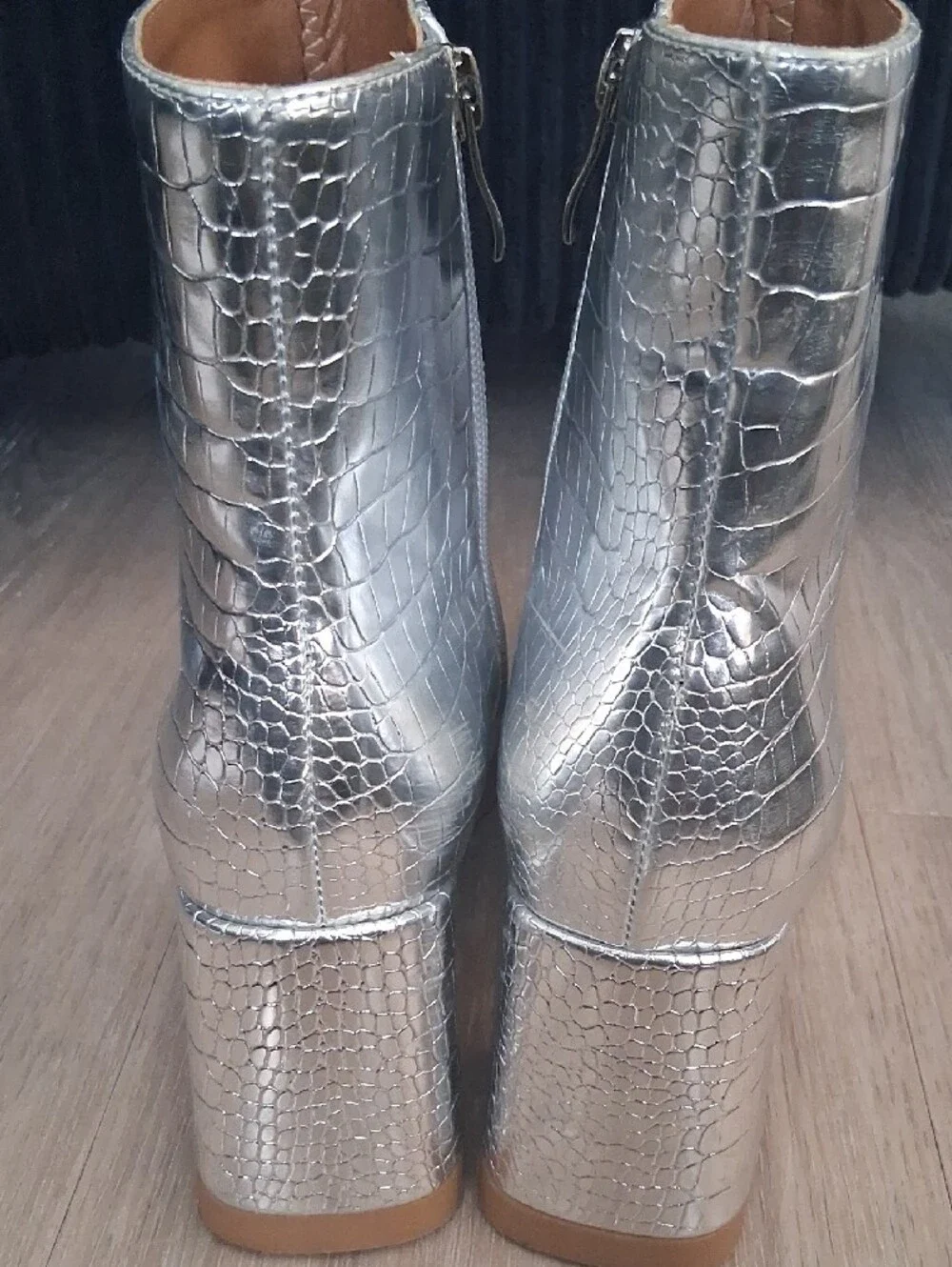 Croc-Embossed Silver Pointed Ankle Boots